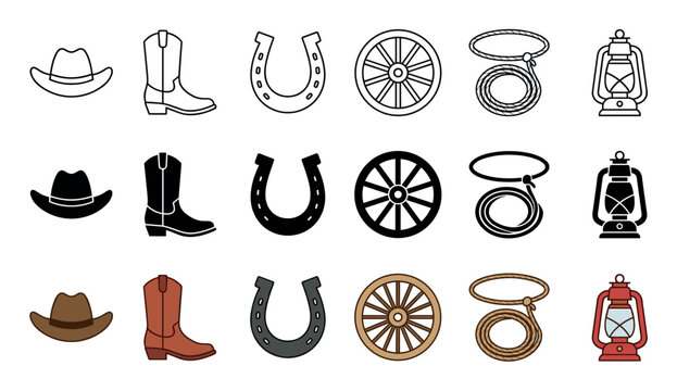 Western cowboy hats, boots, horseshoes, wagon wheels, lassos, and lanterns are depicted as a collection of rustic icons in different styles.