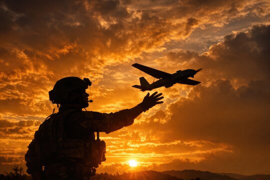 A soldier stands still as a plane flies by, creating a silhouette against the blue sky