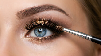 Naklejka premium Close up of woman's eye with long false eyelashes and makeup during application with tweezers