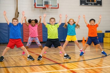 Fototapeta premium Group of young kids posing together on a basketball court, looking excited and proud