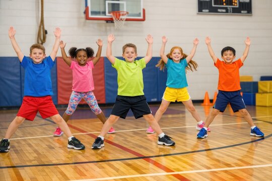 Group of young kids posing together on a basketball court, looking excited and proud