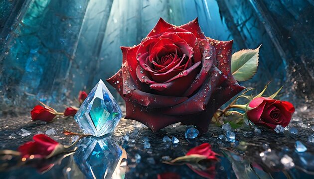 Dew-kissed rose and crystal fragmentation