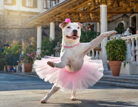 Dog in pink tutu dancing outdoors