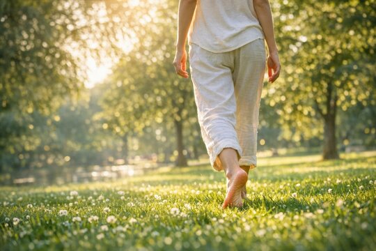 A woman walks through a beautiful green meadow, serene and peaceful
