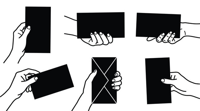 Human hands holding blank paper cards in various positions for business presentation or design mockup.