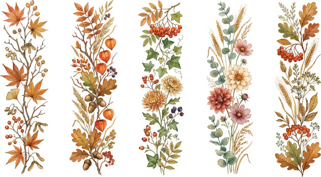 Set of cute autumn themed watercolor illustrations featuring a rustic house mushroom home scarecrow owl girl rabbit fox pumpkin tree and basket