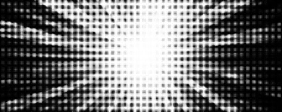 Black radial halftone circles. Dotted sound wave rings. Stippled epicenter, target, radar icon concept. Ripple concentric signal vibration element. Vector round dashed and dotted gradient pattern