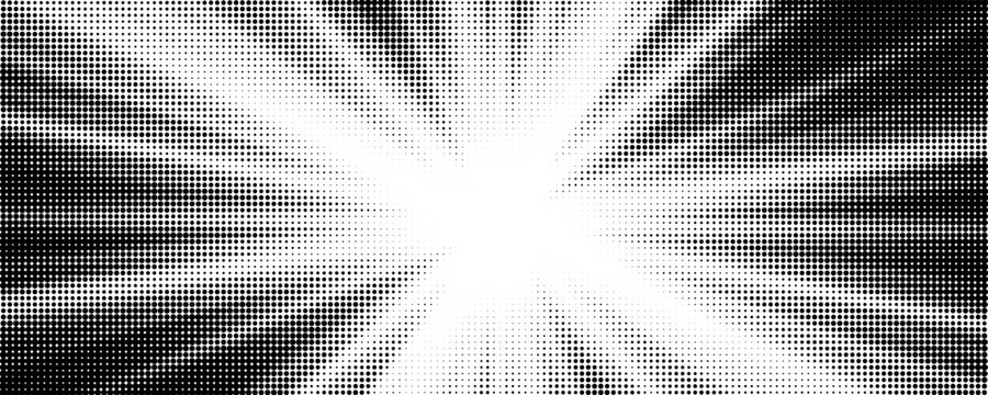Black radial halftone circles. Dotted sound wave rings. Stippled epicenter, target, radar icon concept. Ripple concentric signal vibration element. Vector round dashed and dotted gradient pattern