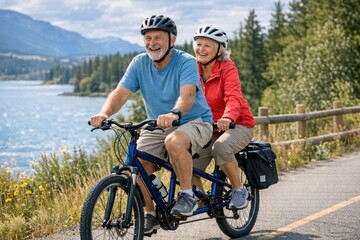 Fototapeta premium A man and a woman ride a bike together on a scenic road, great for travel or adventure themes