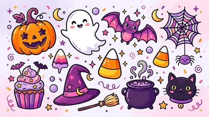 Obraz premium Cute Halloween doodle sticker set with pumpkin and ghost illustration