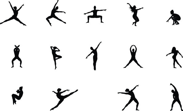 Collection of black silhouette dance and yoga poses