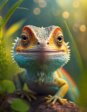 Vibrant lizard portrait in lush foliage