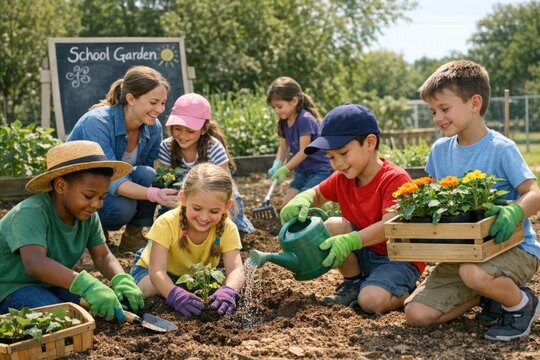 Kids gardening, flower planting, outdoor activity, family moment, nature scene