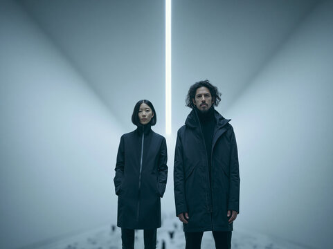 Two People Standing in Minimalist White Space