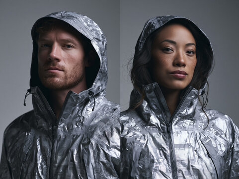 Two People Wearing Metallic Reflective Jackets Indoors