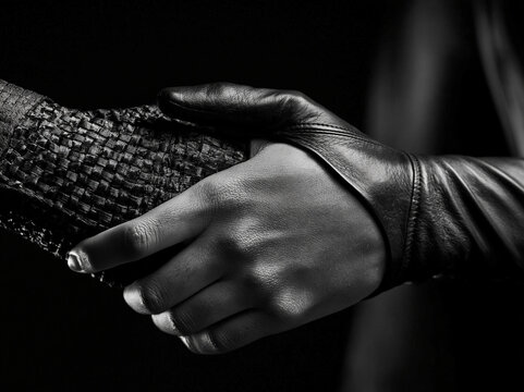 Handshake in Leather Gloves Black and White