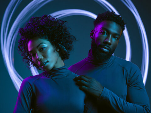 Modern Couple Portrait with Neon Lighting and Contemporary Style