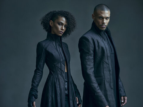 Two Models in Black Futuristic Jackets Against Gray Background