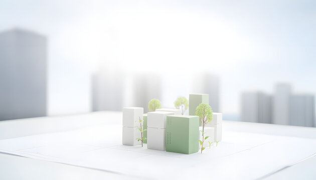 Miniature white and green building models with small trees on blueprint paper, blurred city skyline. Concept of sustainable architecture, eco friendly urban planning, green city