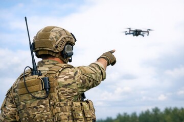 Fototapeta premium A person wearing camouflage clothing is pointing towards a small airplane