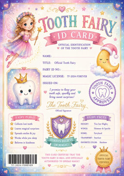 Cute Tooth Fairy ID card with pastel colors, magical fairy, smiling tooth and moon. Perfect for kids, fairy tales, fantasy themes, and magical tooth fairy adventures.