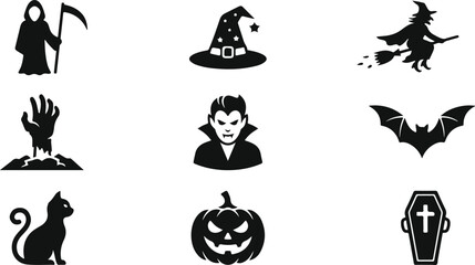 Obraz premium Set of black and white halloween icons featuring spooky characters and traditional holiday symbols for festive designs