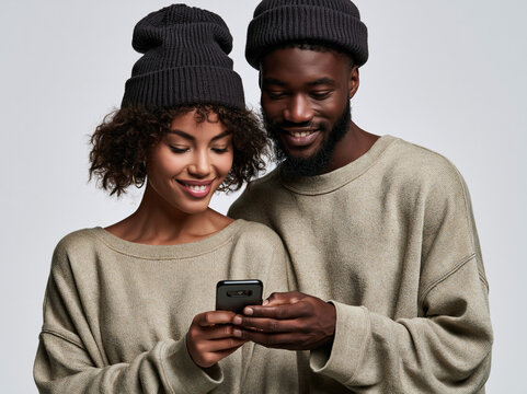 Couple Smiling While Looking at Smartphone Together