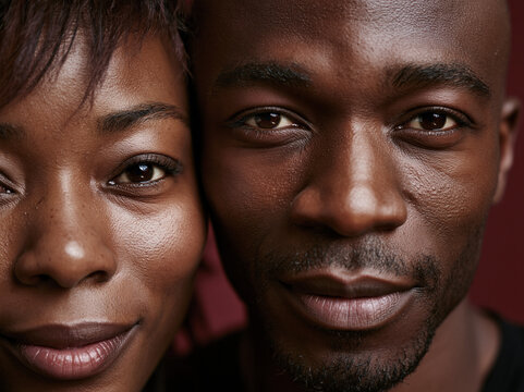Close-up Portrait of Couple Against Red Background