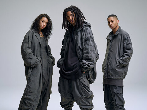Three Young Adults in Urban Streetwear Fashion Portrait
