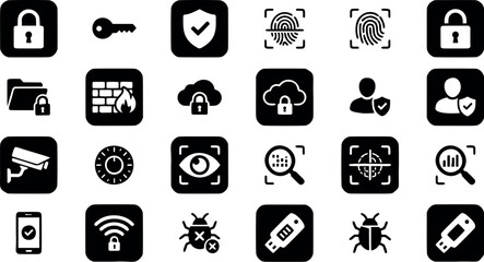 Vector security icons set including lock, key, shield, fingerprint, and bug for cybersecurity and data protection design © Rekon