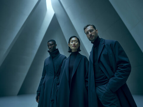 Three Professionals Standing in Modern Corporate Architecture