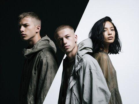 Three Young Adults Portrait Against Contrasting Backgrounds