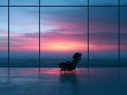 Solitary Figure Contemplating Sunset from Modern Office