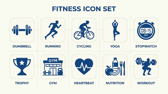 A fitness icon set displays various workout symbols on a clean background for a healthy lifestyle and exercise routine.