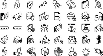Naklejka premium Security icons set with vector graphics of locks, shields, and keys for cybersecurity and data protection concepts