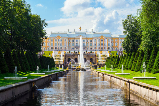 Saint Petersburg, Russia - July 28, 2025: the Grand Peterhof Palace and the cascade of fountains on a sunny summer day