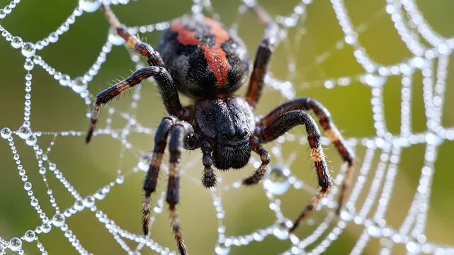 Spider on Dewy Web, Close Up