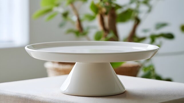 Minimalist white ceramic cake stand on textured surface with soft focus greenery background and bright ambient lighting