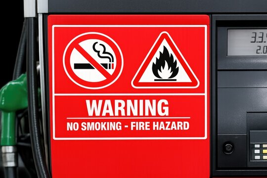 A gas pump with a clear no smoking sign in the background, suitable for use in advertisements or commercial settings