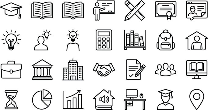  Education and business line icon set featuring graduation cap book calculator certificate desk briefcase chart handshake isolated on white background