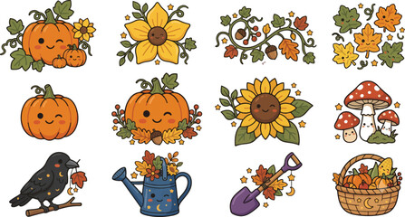 Obraz premium Cute Kawaii Autumn Elements Set with Pumpkins Flowers and Mushrooms