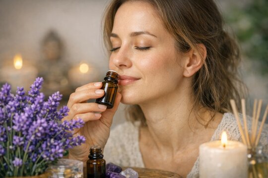 A person smelling the aroma from an essential oil bottle