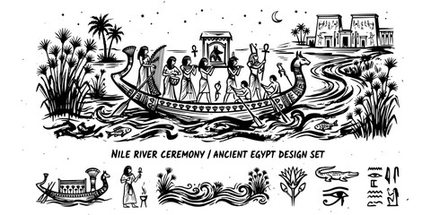 Obraz premium Nile River Ceremony Ink Brush Black White-Water Flow Reed Boat Ritual Zen-Egyptian Vector-Nile Icon Ink-Ancient Egypt Design Set