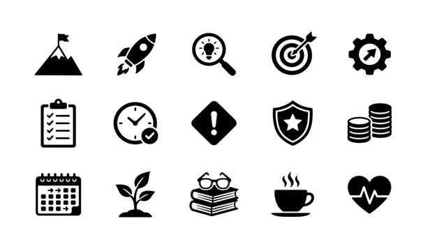 Business productivity icons set, 15 black solid vector symbols for project management, startup growth and corporate strategy elements