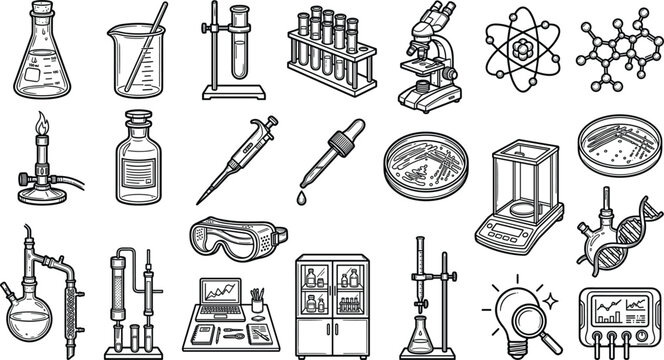 Science research and chemistry laboratory equipment hand drawn sketch icon set featuring microscope flask test tubes molecules and biotech tools