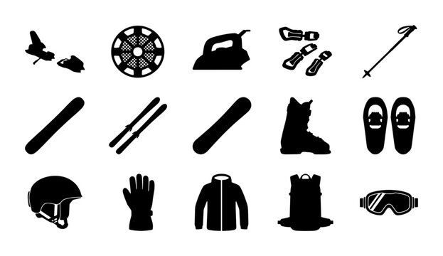 Winter sports equipment icon set, black silhouette ski and snowboard gear collection, 15 vector elements for mountain resort infographics