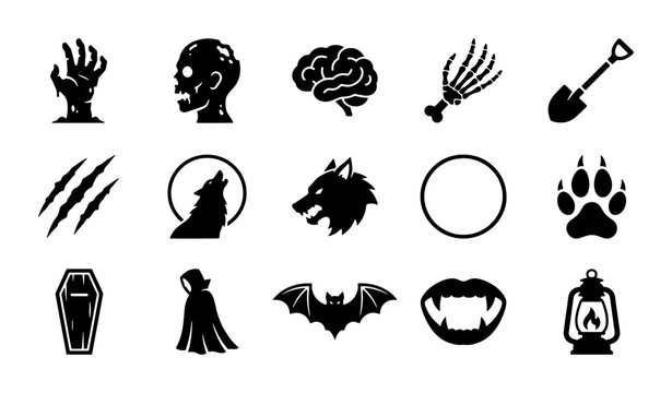 Halloween horror icons set, 15 black silhouette monster elements, spooky zombie and werewolf vector graphics, gothic occult symbols for dark designs
