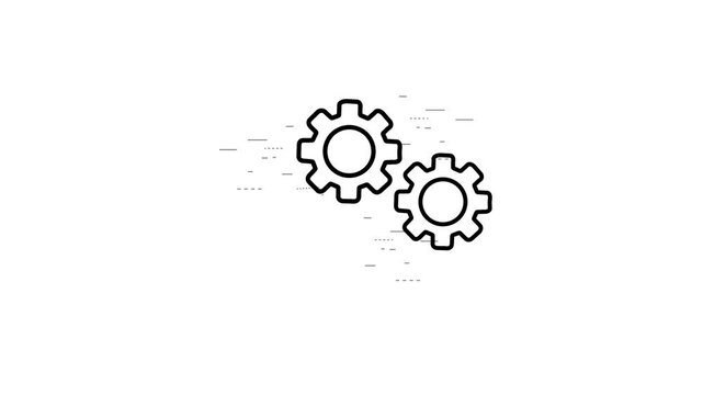 Minimal Black Outline Gears Rotating on Clean White Background, Vector Animation Layout for Technical Processes, Mechanical Engineering Machinery and Business Teamwork Concept