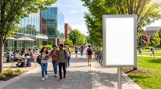 Large blank billboard on a university pedestrian boulevard with students walking and relaxing
