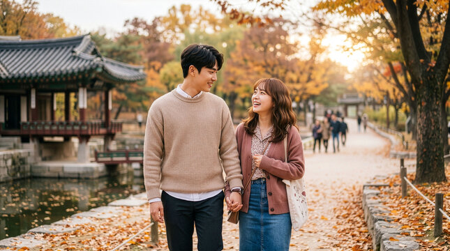 Young Couple Walking HandinHand in Autumn Park.